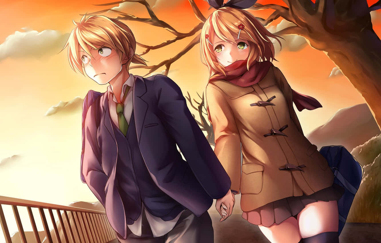 Errötendespaar In Einem Romantischen Anime Bei Sonnenuntergang. Wallpaper