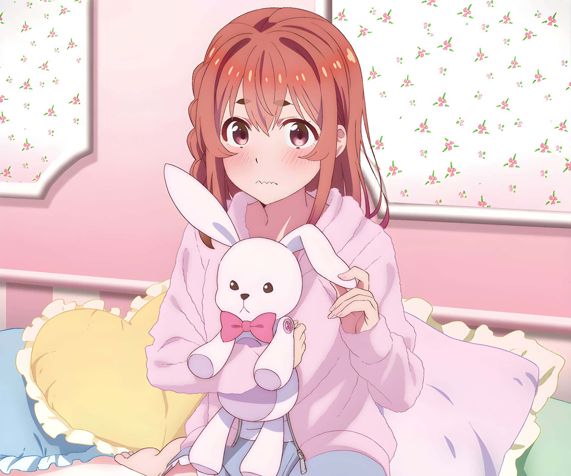 Blushing Sumi With A Bunny Toy Wallpaper