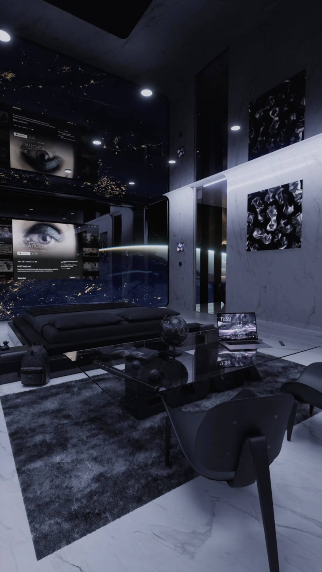A Futuristic Living Room With A Black And White Theme Wallpaper