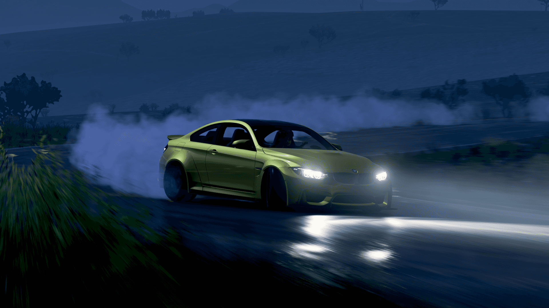 Bmw PNG — A lime green sports car drifts at night on a wet road kicking up smoke under its bright headlights.
