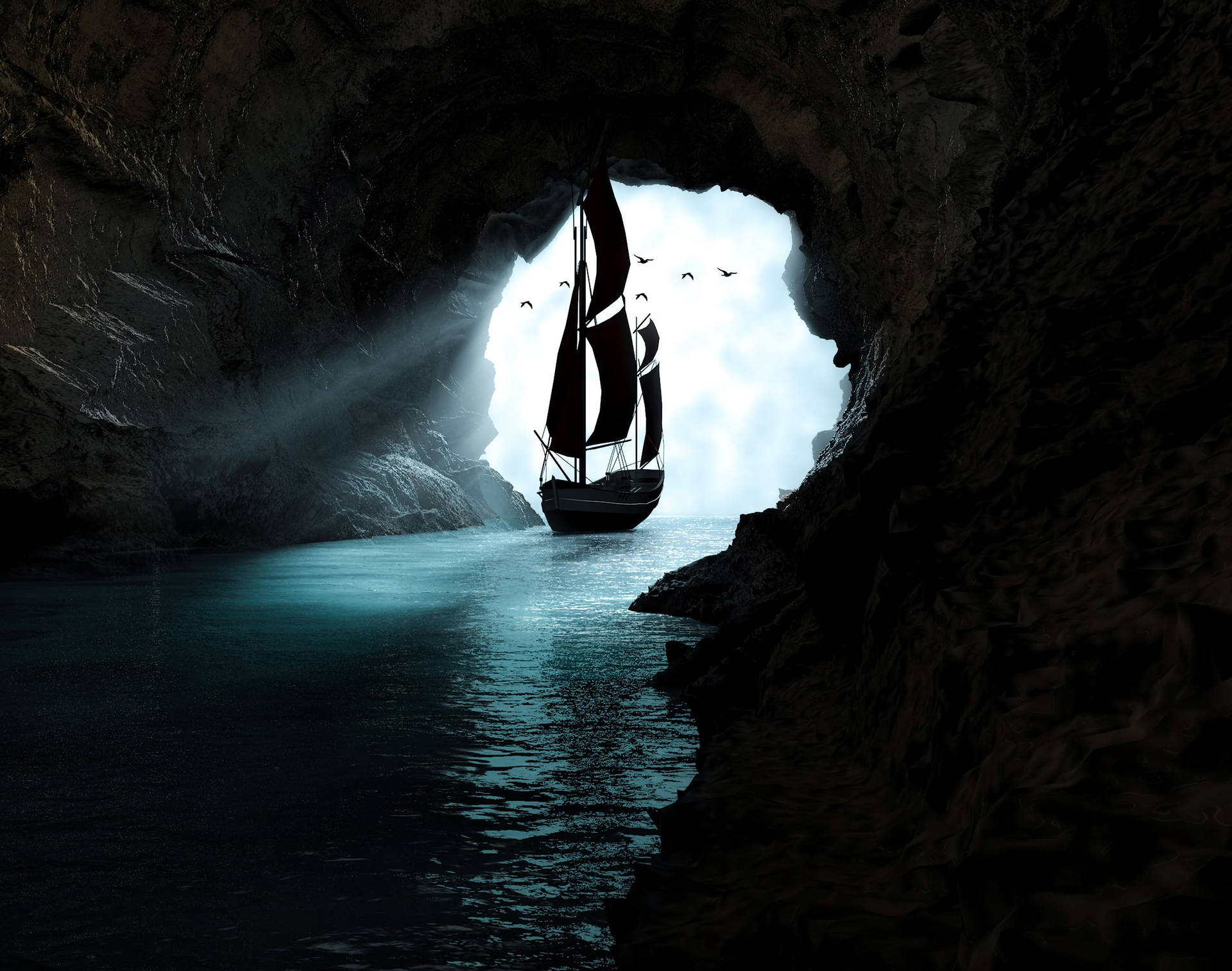 Boat Sailing Out Of Cave Smartphone Background Wallpaper