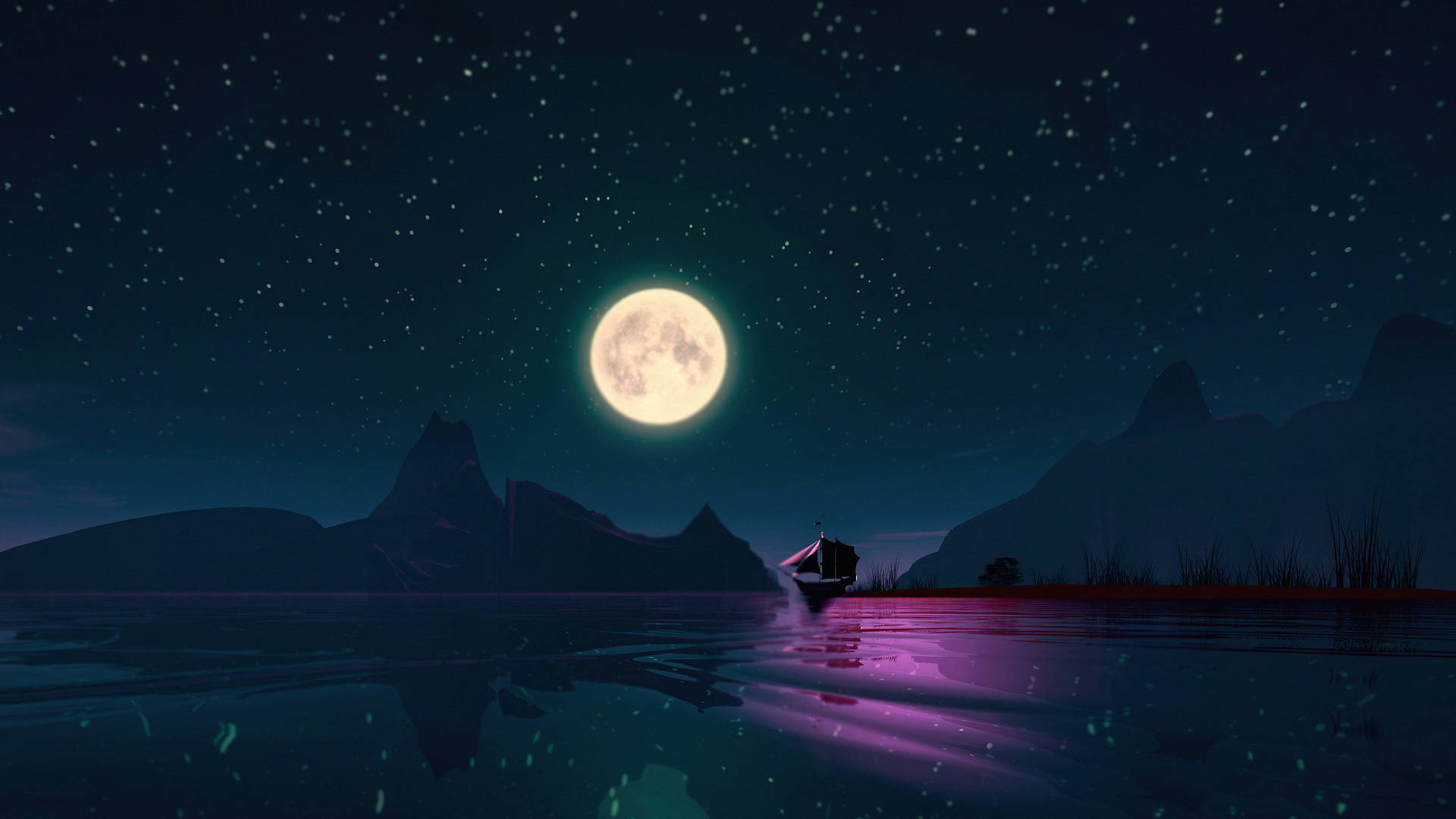 Boat Under The Aesthetic Moon Wallpaper