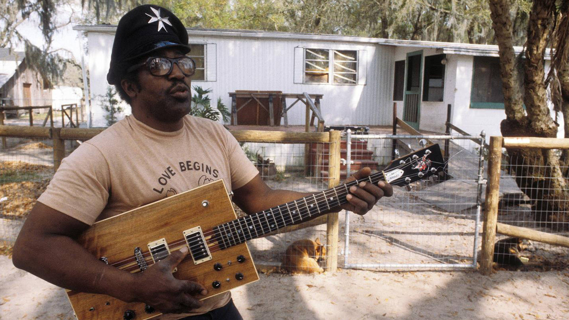 Legendary Blues icon Bo Diddley strumming his wooden guitar Wallpaper