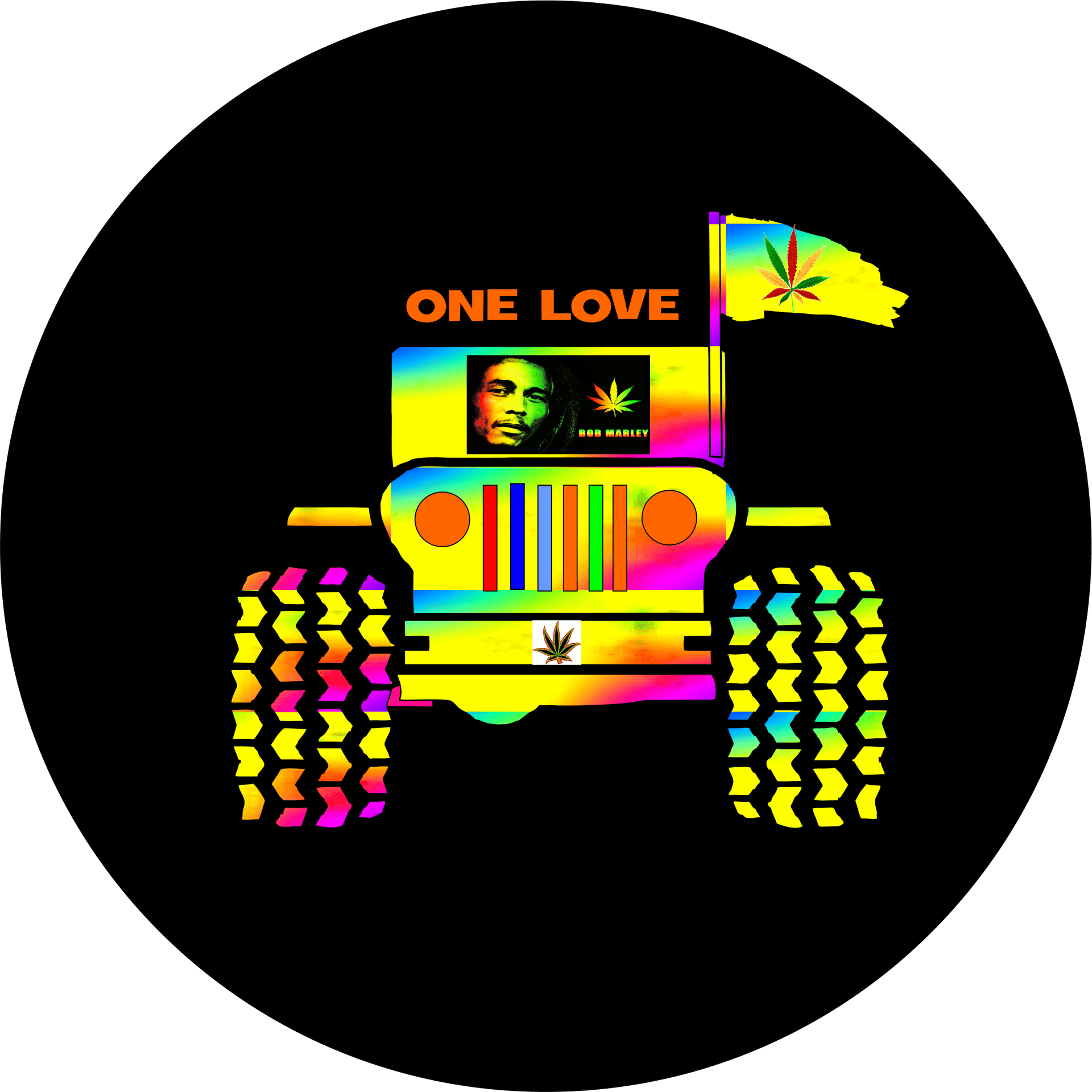 Bob Marley One Love Colorful Jeep Illustration PNG