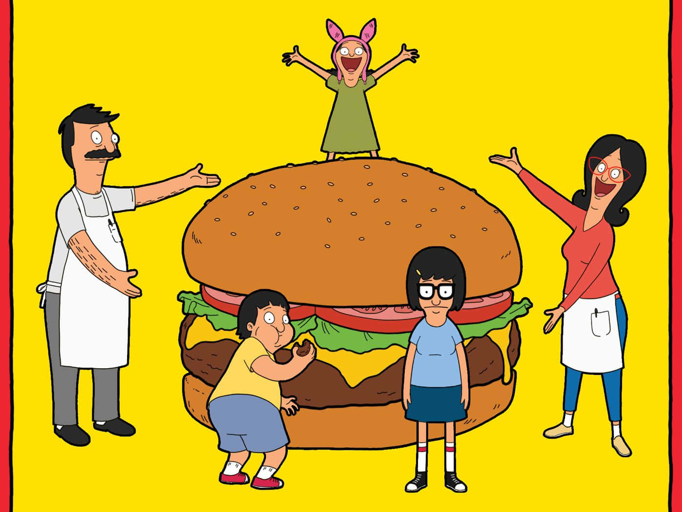 Sfondodella Famiglia Belcher Che Presenta Il Gigantesco Hamburger Di Bob's Burgers
