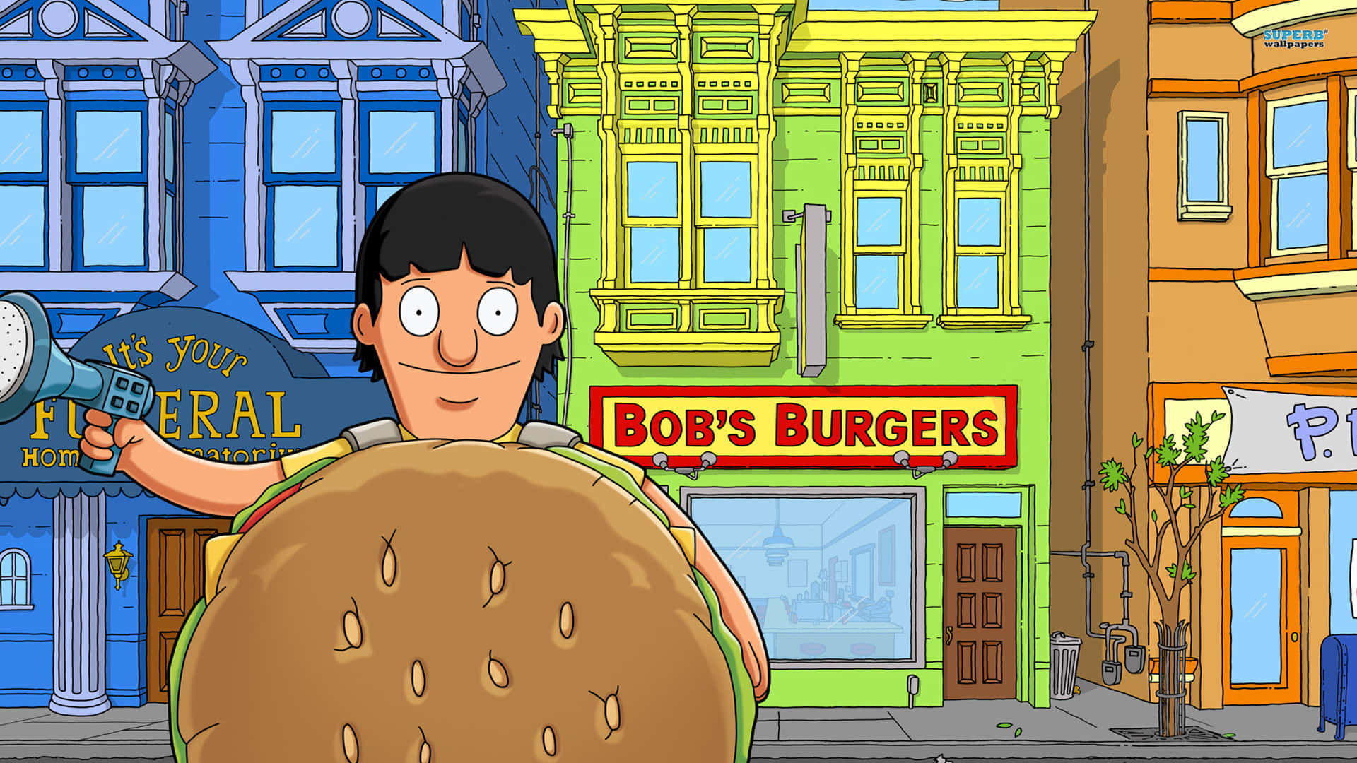 Genebelcher Klädd I Bob's Burgers Maskot Bakgrund.