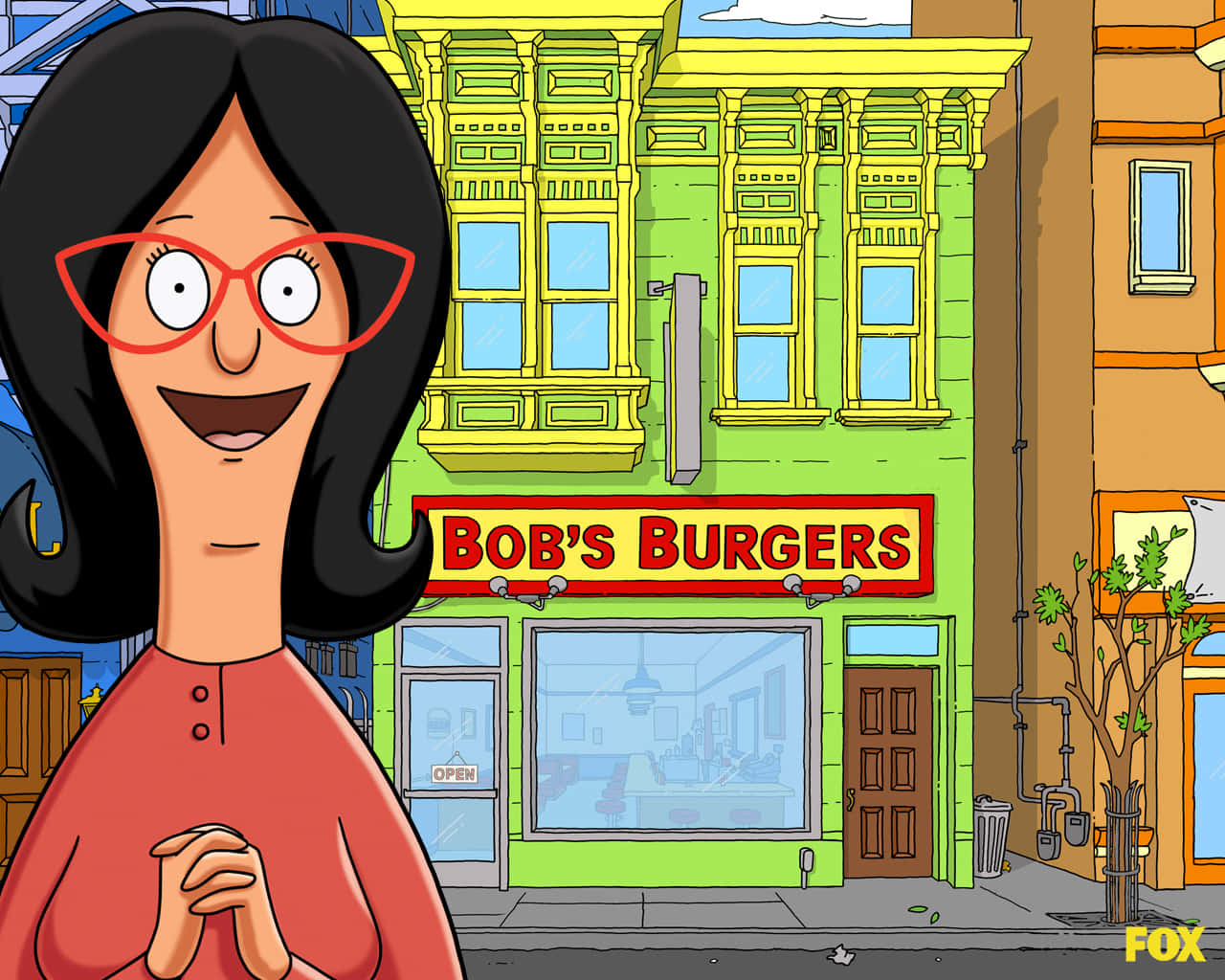 A Cartoon Woman In Glasses Standing In Front Of A Building
