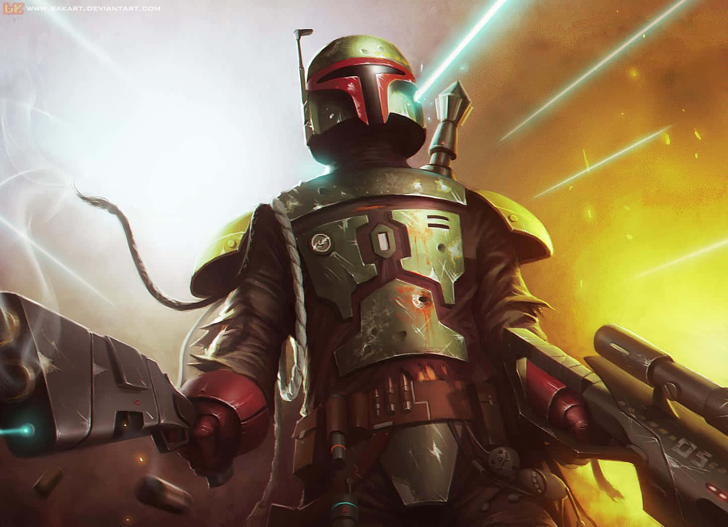 Boba Fett standing triumphantly with a flame-throwing weapon