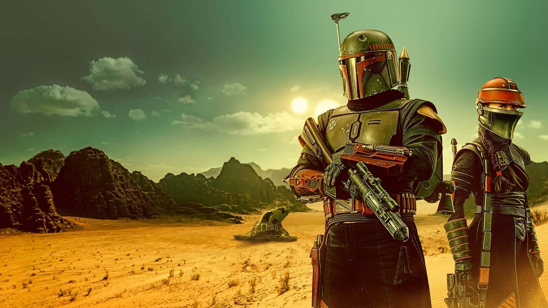 Legendary bounty hunter Boba Fett poses with his iconic armor and weapons in a captivating Star Wars digital art scene.