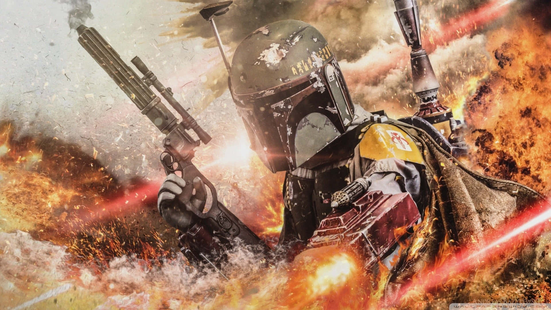 Boba Fett poised for action in a colorful, artistic, and futuristic depiction