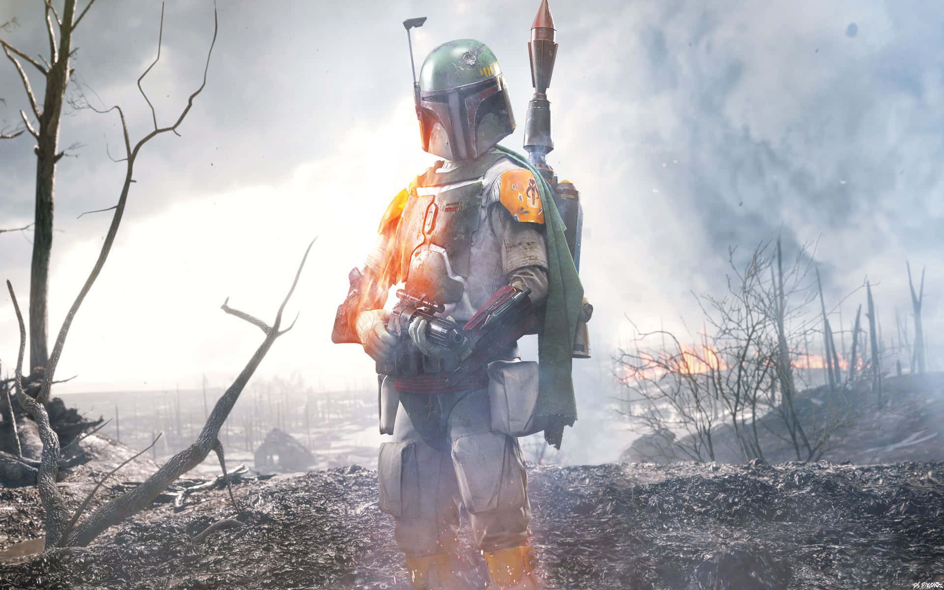 Boba Fett, the legendary bounty hunter, in his armor suit