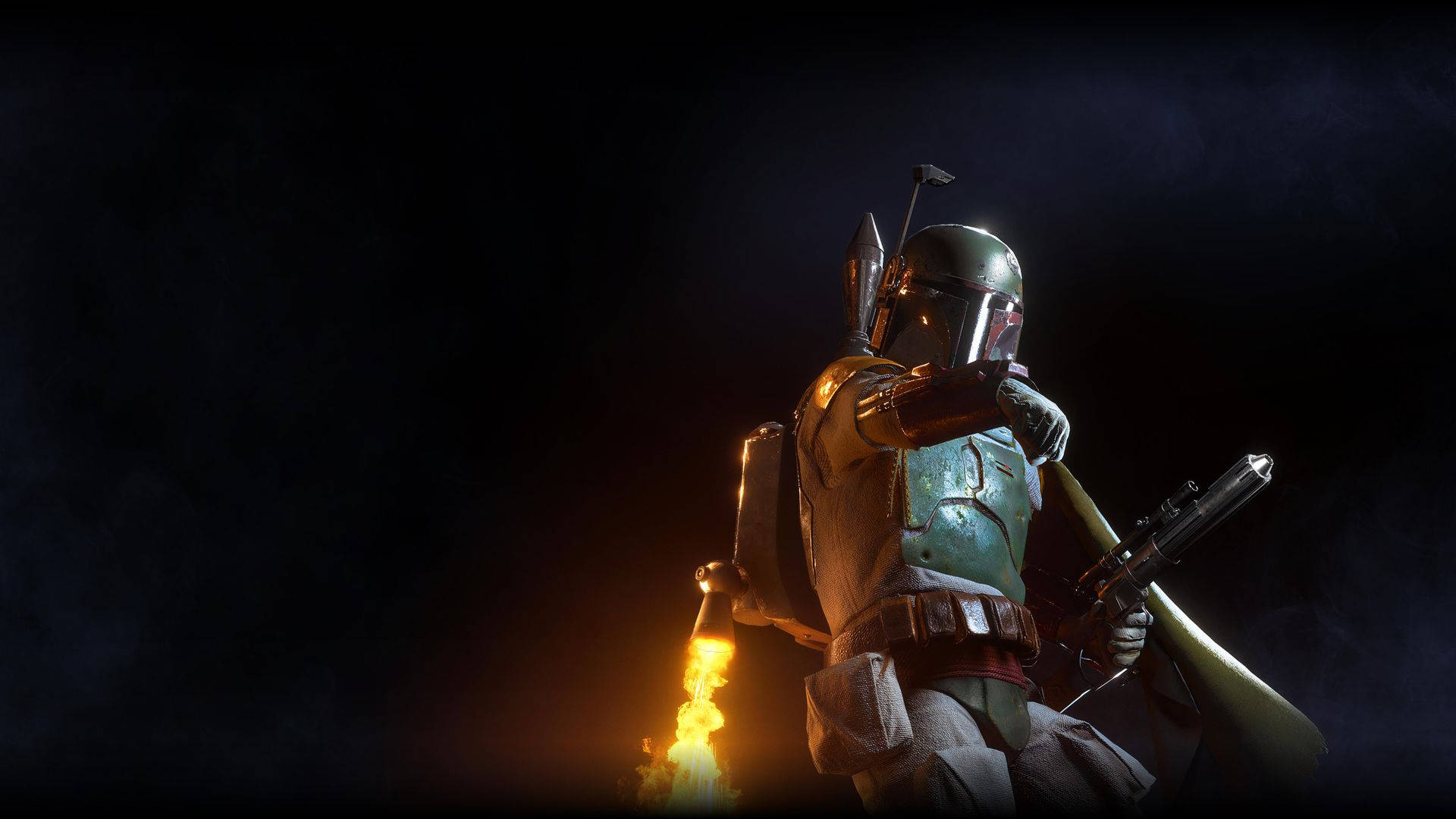Boba Fett, the iconic bounty hunter from the Star Wars franchise, strikes a menacing pose with his jetpack ready to deploy. Wallpaper
