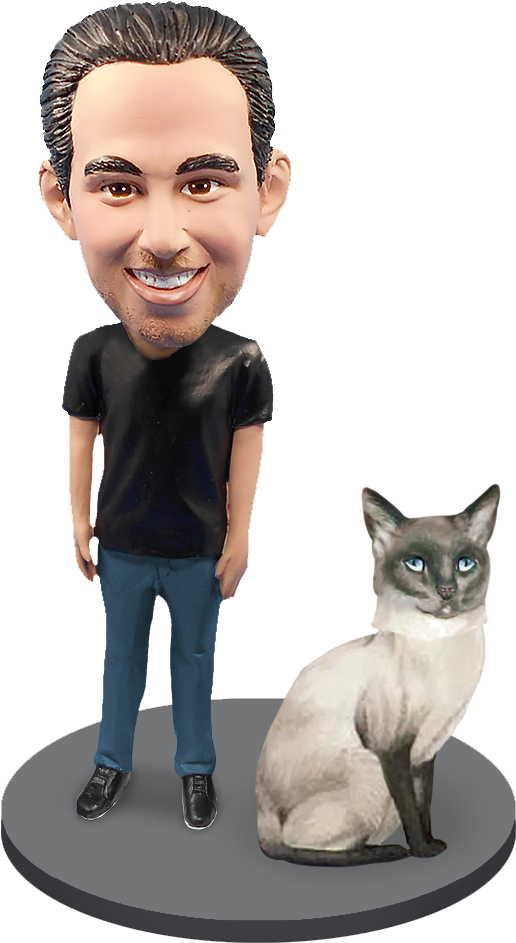 Bobblehead Manand Siamese Cat Figurines PNG