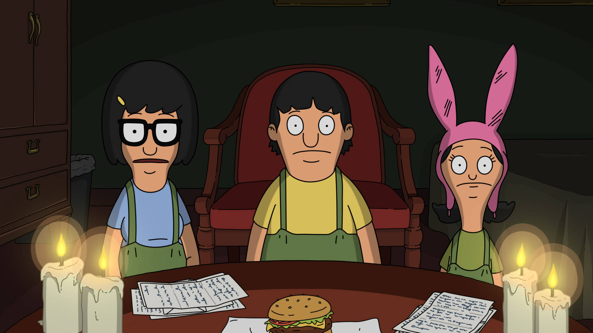 The Belcher children: Tina, Gene, and Louise holding candles. Wallpaper