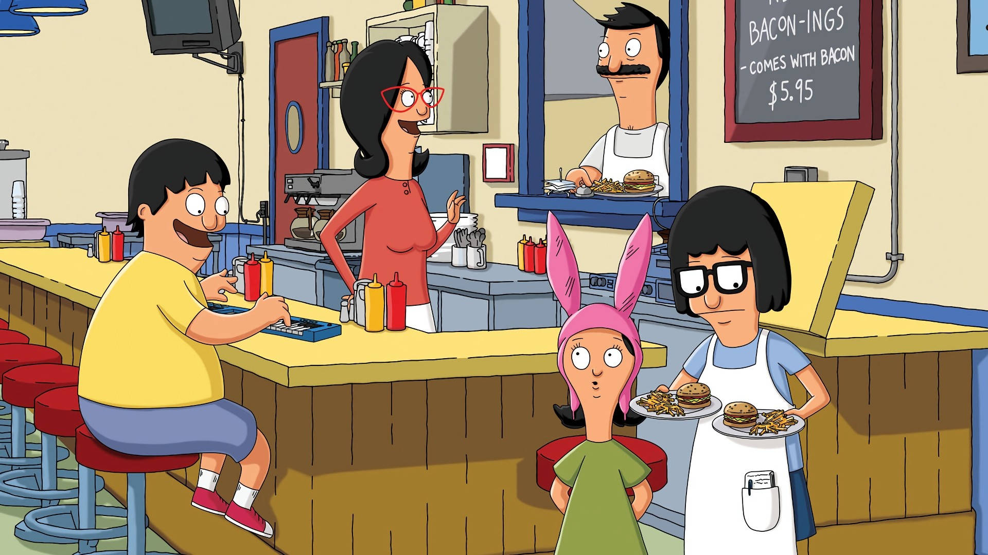The Belcher family from Bob's Burgers serving delicious burgers. Wallpaper