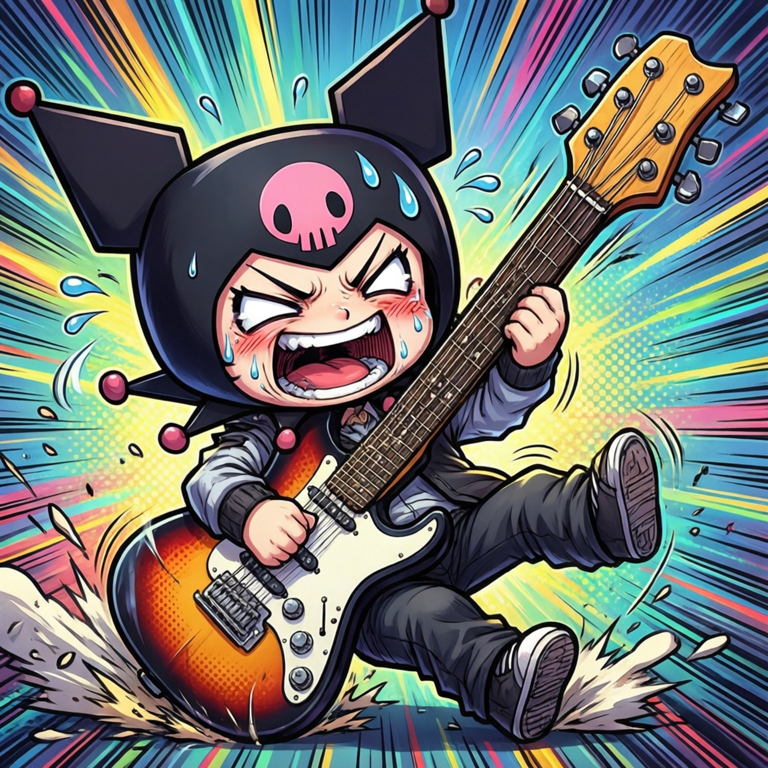 Chibi Bocchi med en gigantisk gitar, overdrevent komisk fall og svettedråpe.