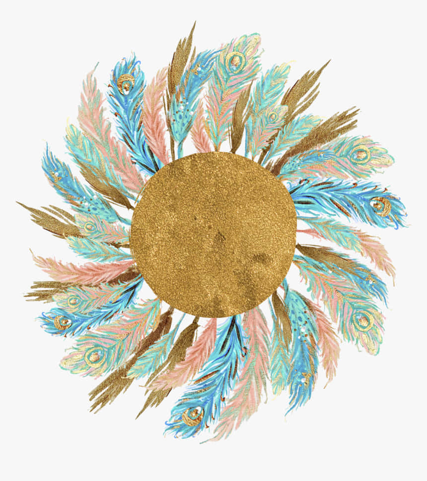 A Gold Sun With Blue And Pink Feathers