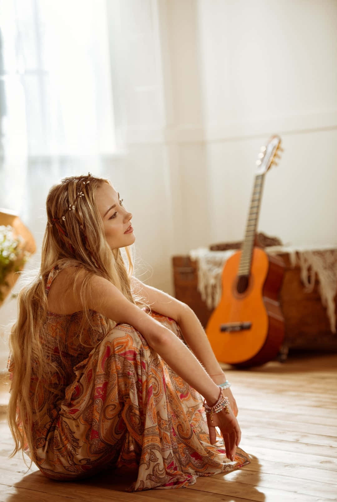 Bohemian Hippie Girlwith Guitar Wallpaper