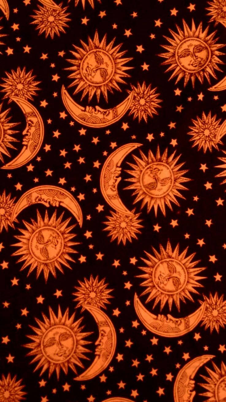 Boho Æstetisk Orange Sol Og Måne Wallpaper