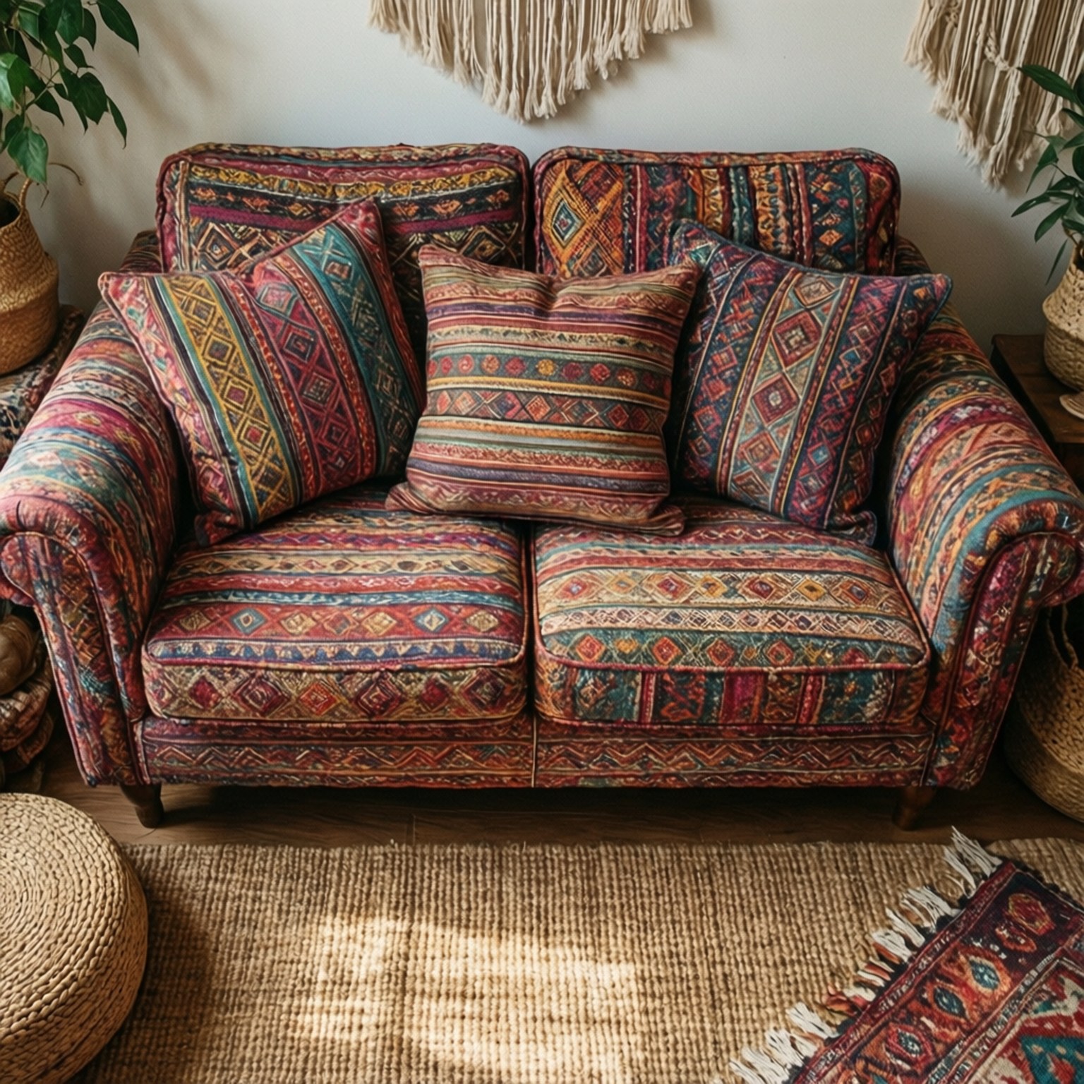 Top-down view of a bohemian sofa with colorful pillows and macrame.
