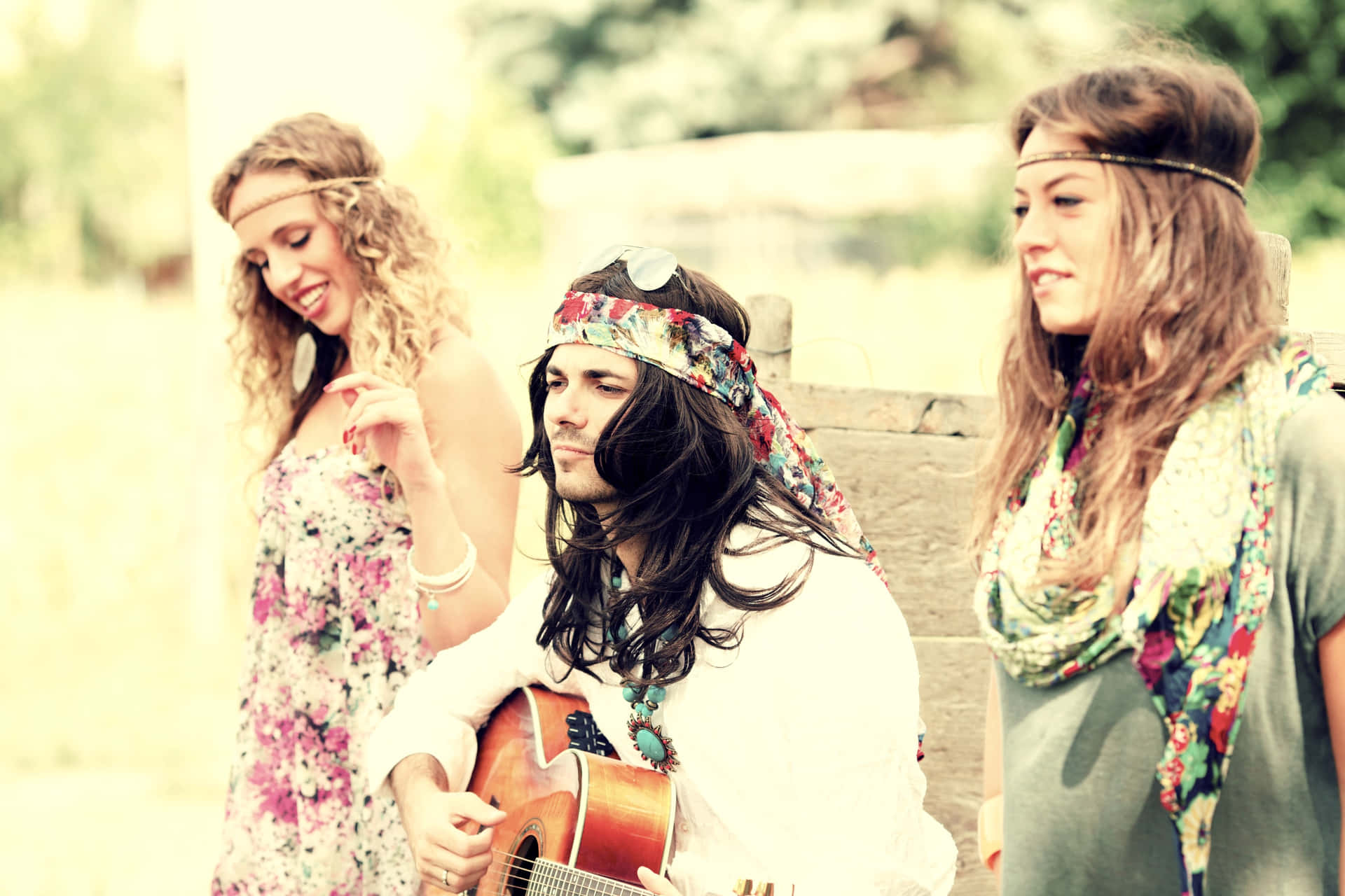 Boho Hippie Friends Enjoying Music Wallpaper