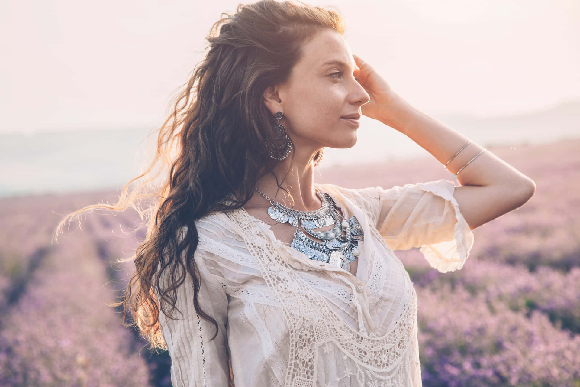 Boho Hippie Woman Lavender Field Wallpaper