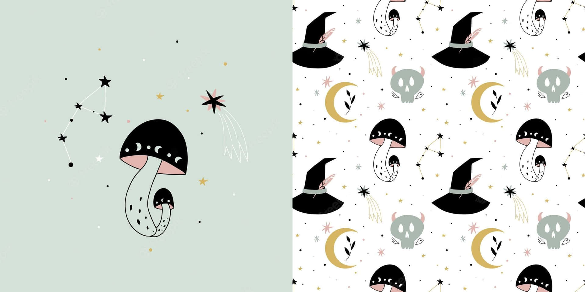 A Pattern With A Witch, Hat And Stars Wallpaper