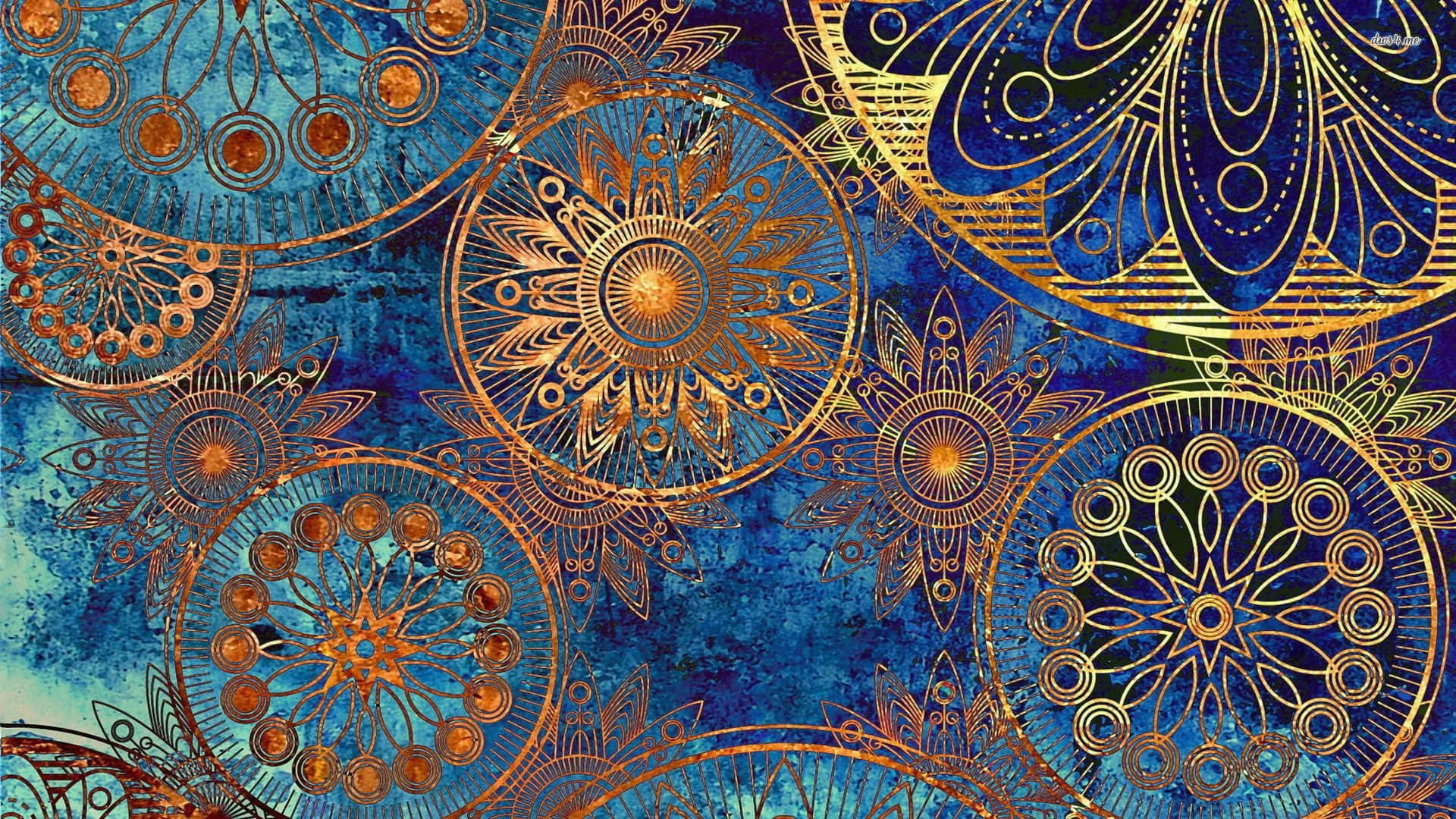 Et blå og guld abstrakt maleri med mange cirkler og swirls. Wallpaper