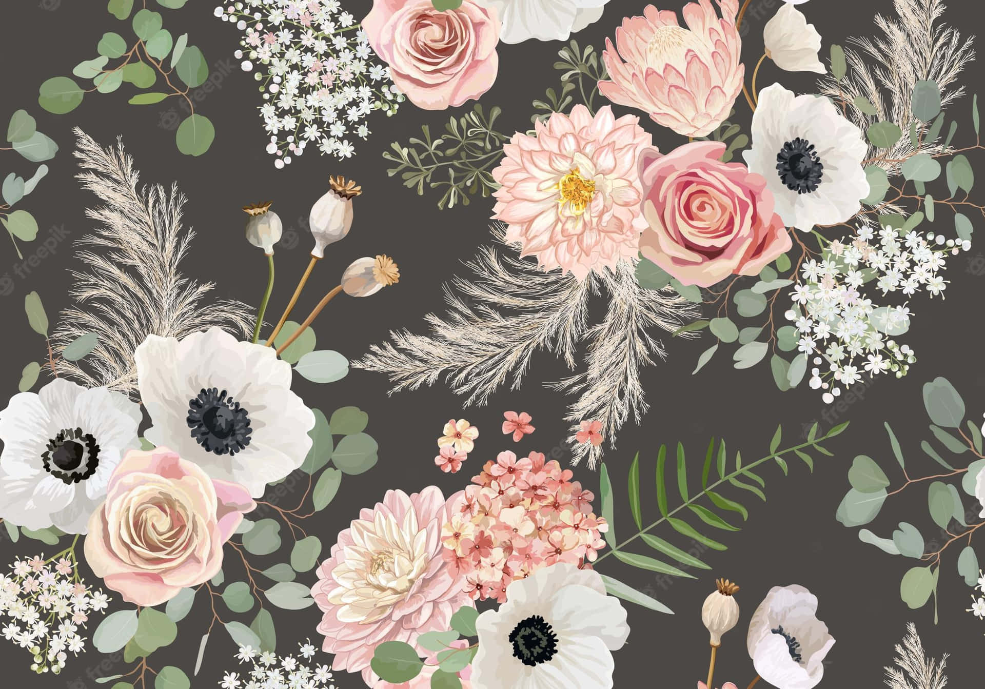 Enblommig Mönster Med Rosa Och Vita Blommor Wallpaper