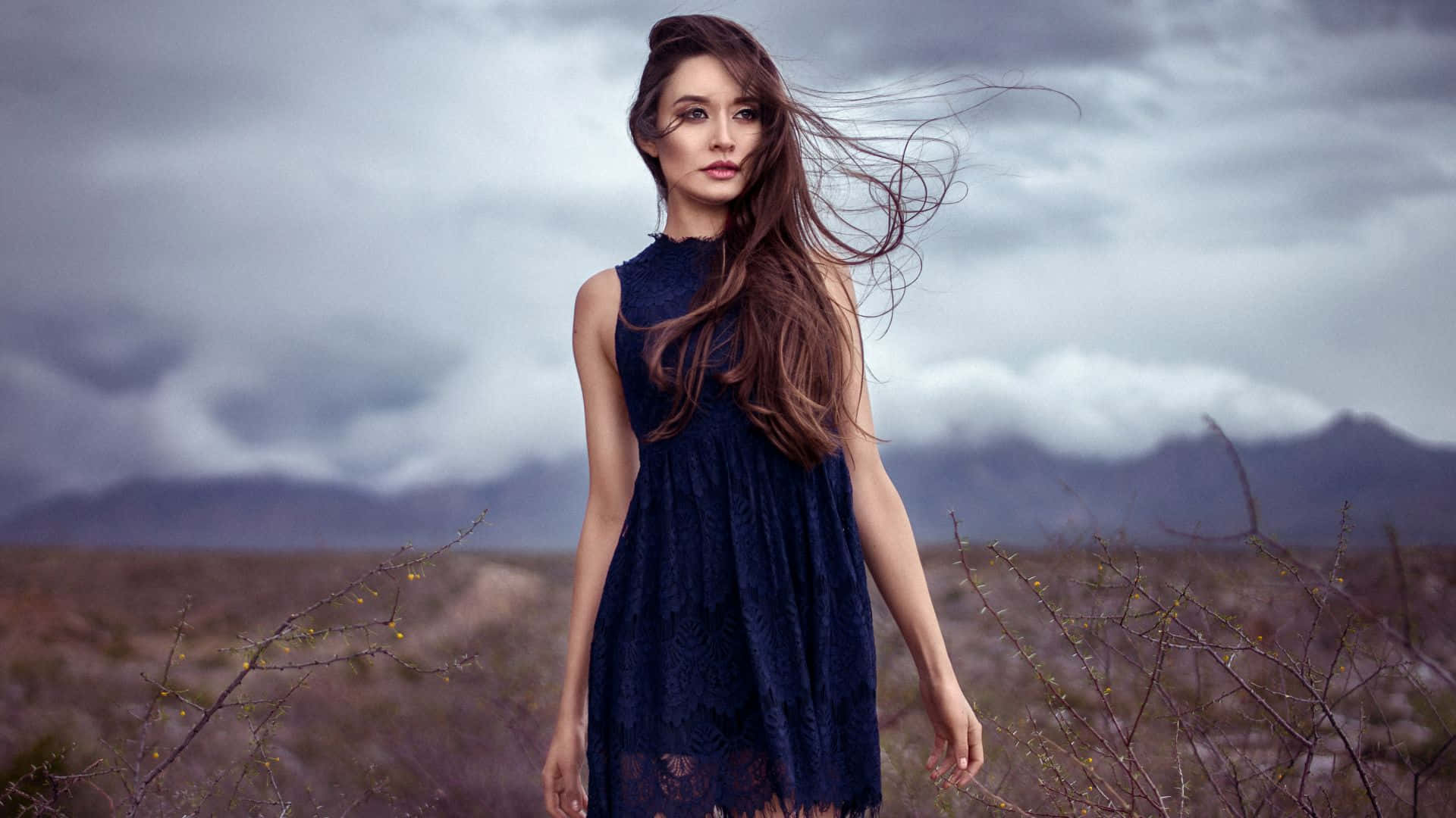 Einefrau In Einem Blauen Kleid Steht Auf Einem Feld. Wallpaper