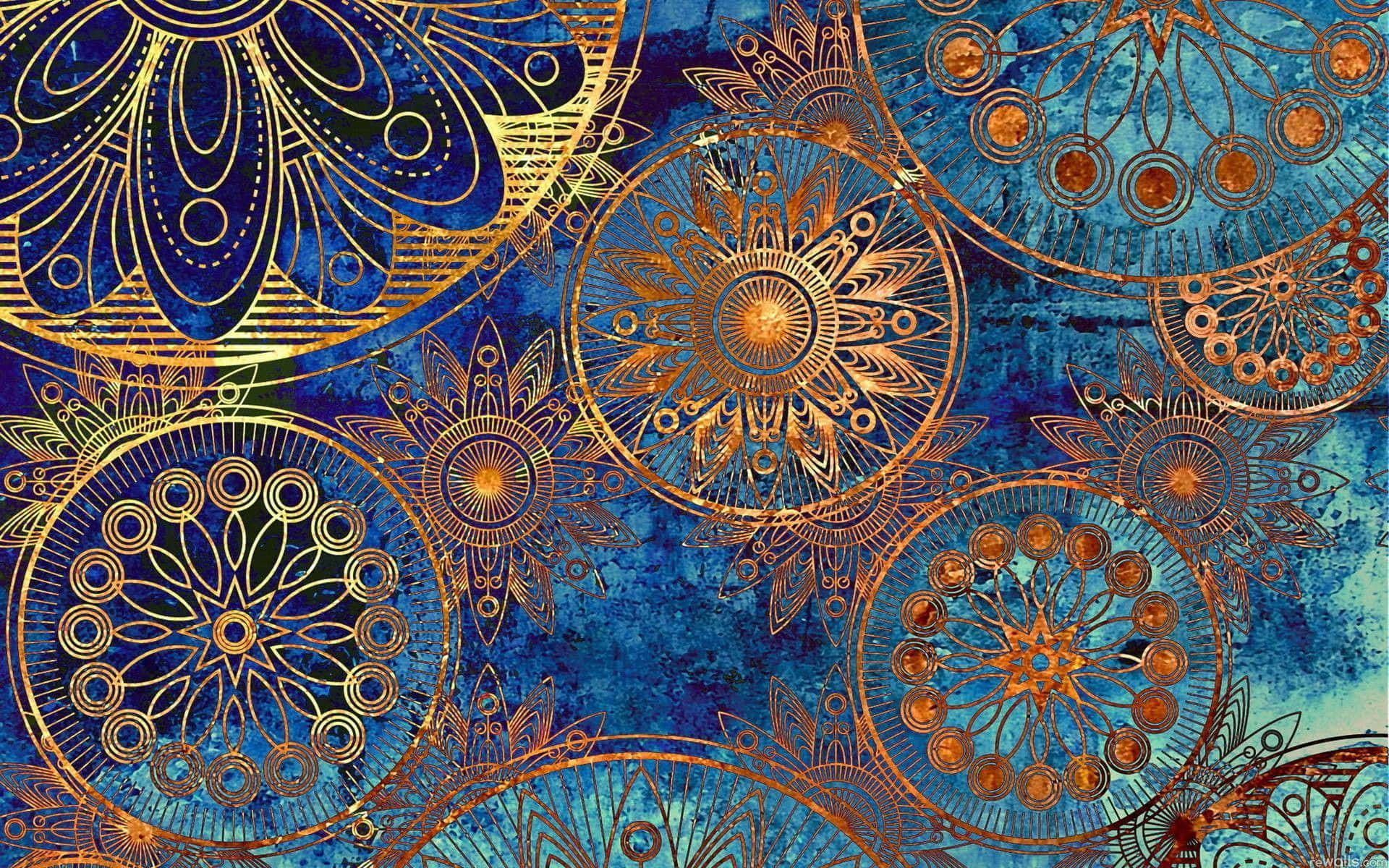 A Blue And Gold Abstract Painting With A Lot Of Circles Wallpaper