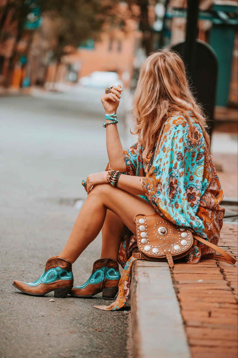 A Woman Sitting On The Sidewalk Wearing Turquoise Boots