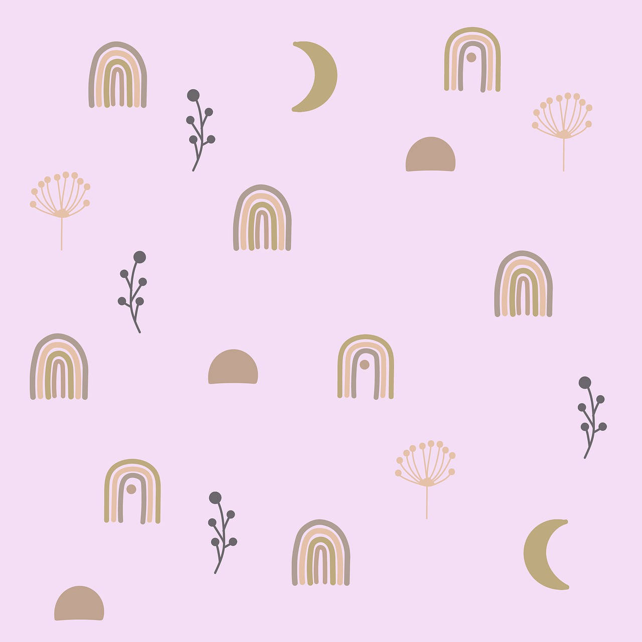En pink baggrund med et regnbue, måne og blomster Wallpaper