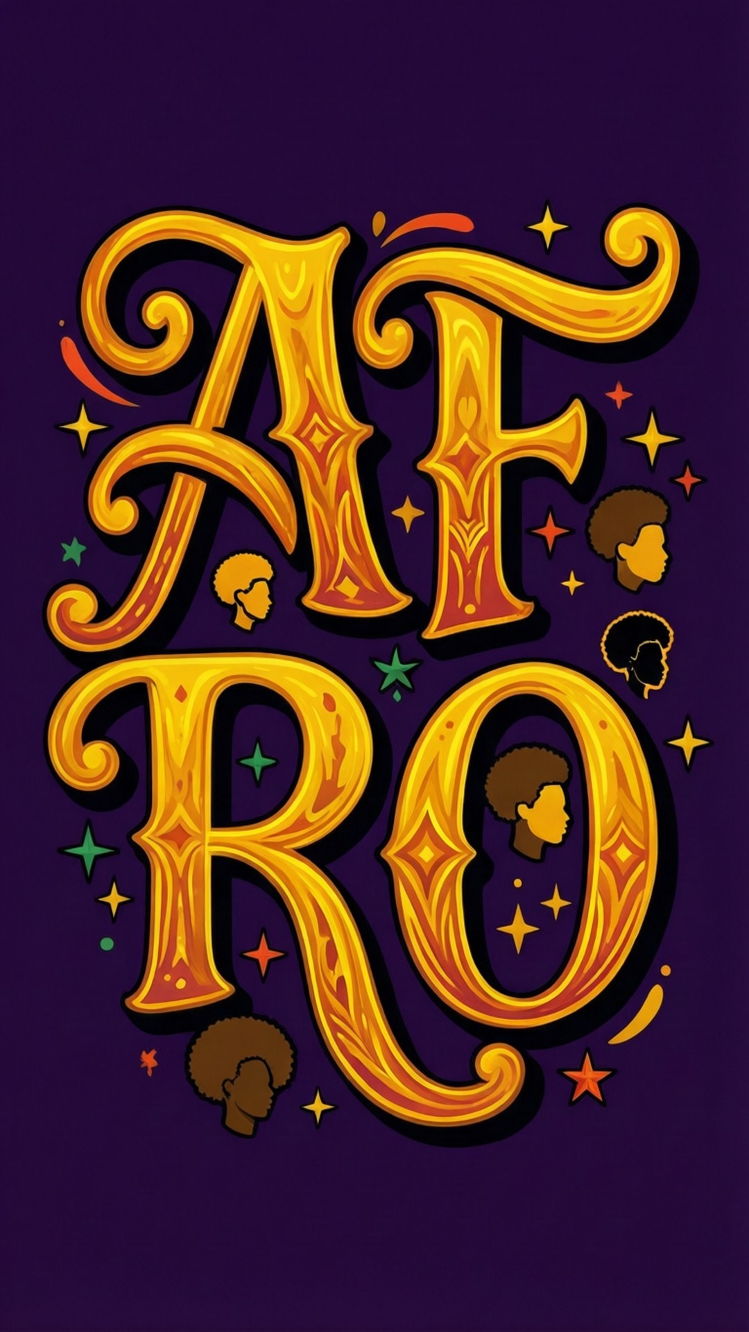 En typografisk bakgrunn med 'AFRO' i dekorative bokstaver og Afro-ikoner.