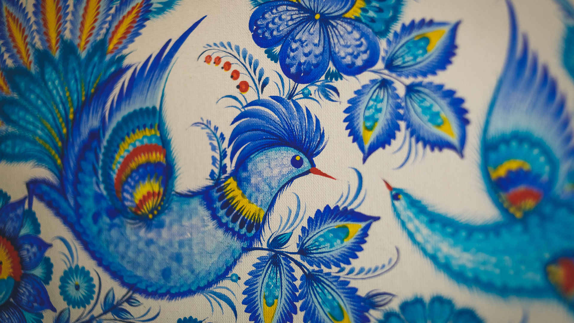 Bold Blue Bird Ukraine Folk Art Wallpaper