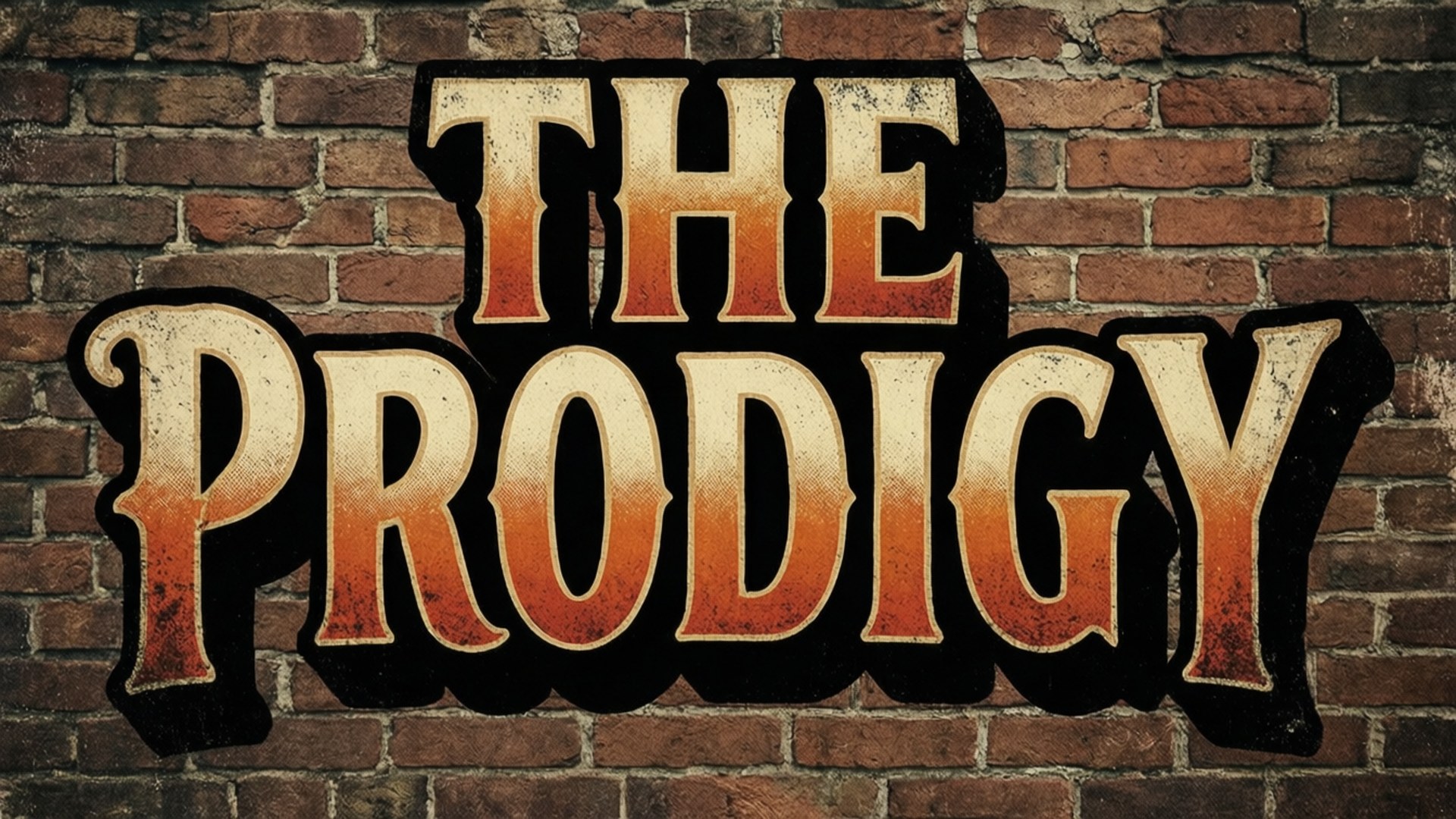 Prodigy-logo-tekst på en murstensvæg med nedslidt stil