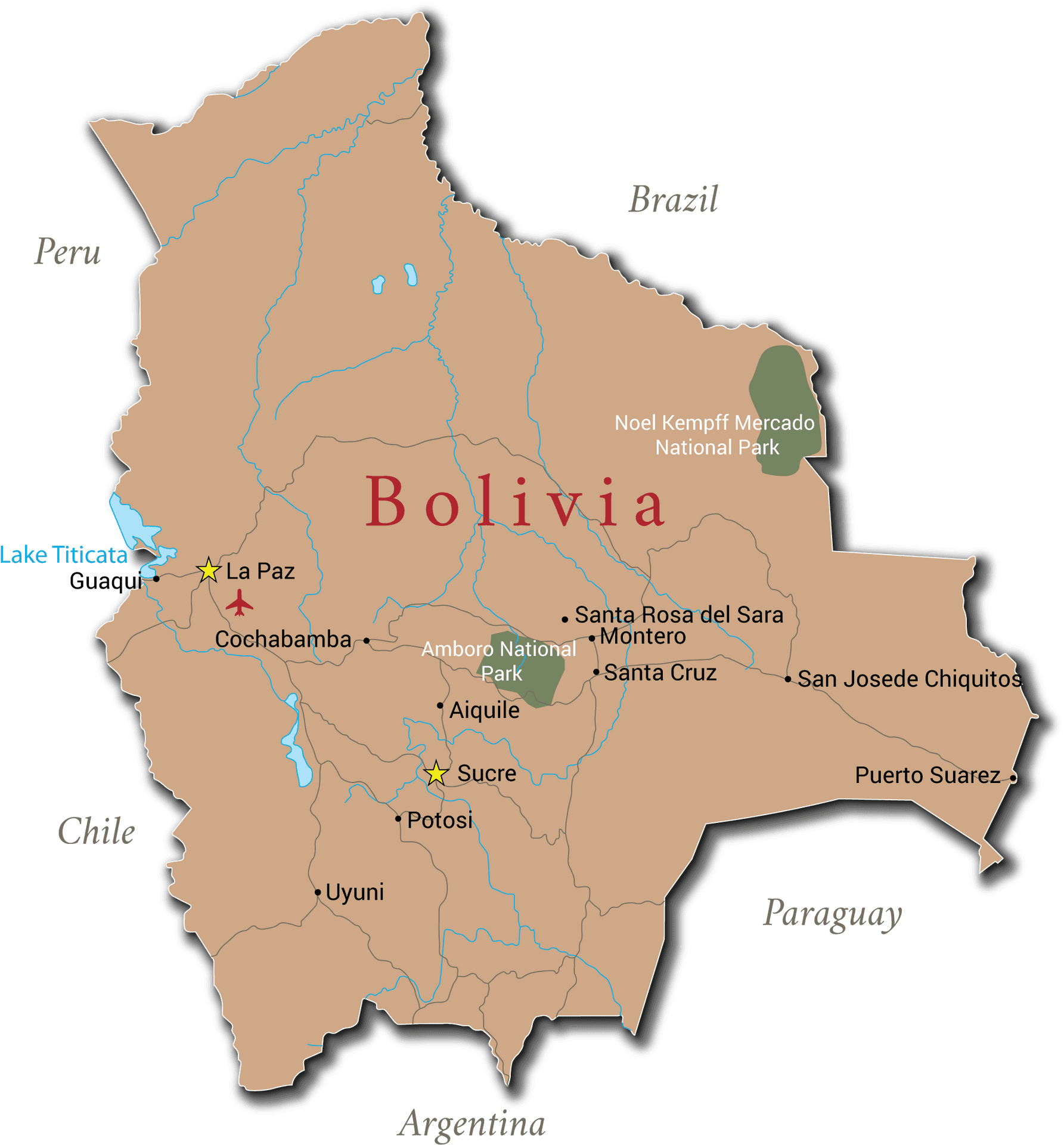 Bolivia Map Major Citiesand National Parks PNG