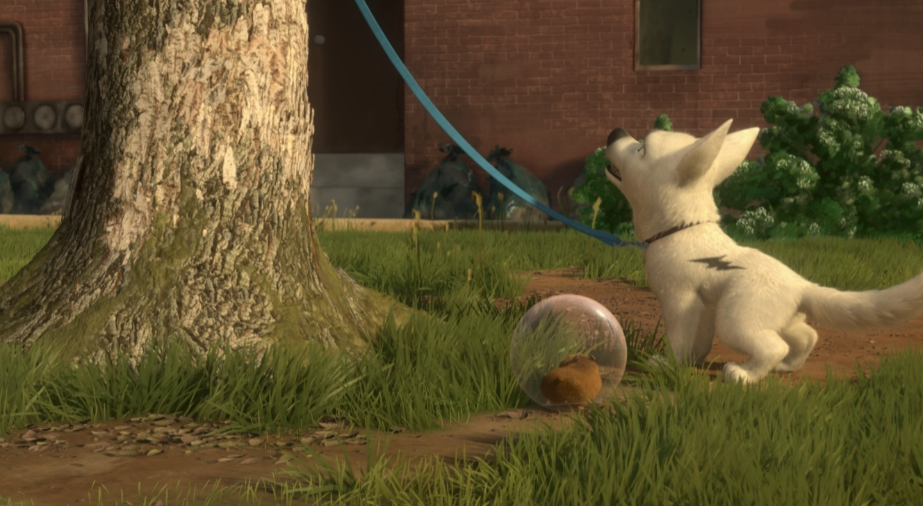 Bolt background — A white animated puppy on a blue leash curiously watches a small rodent in a glass ball near a tree in a grassy yard.