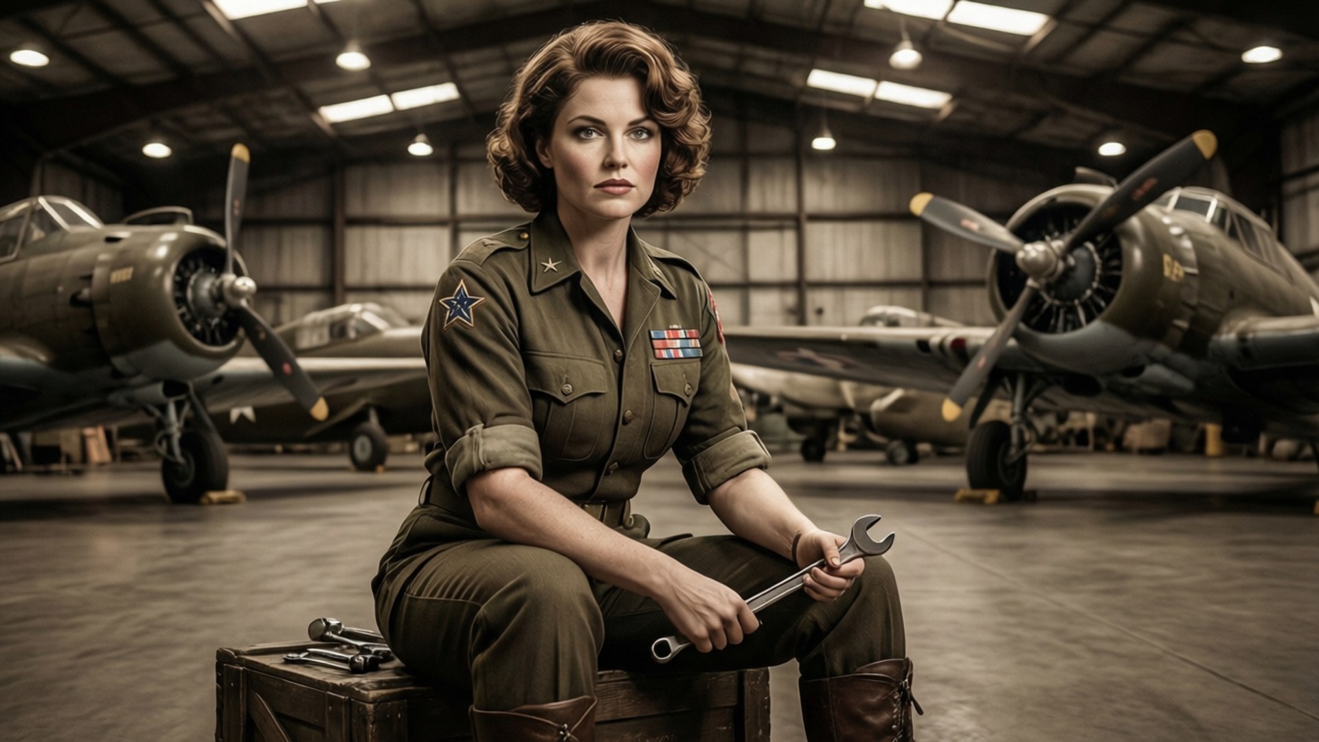En DC Bombshell som krigsmekaniker i en hangar med vintagefly.