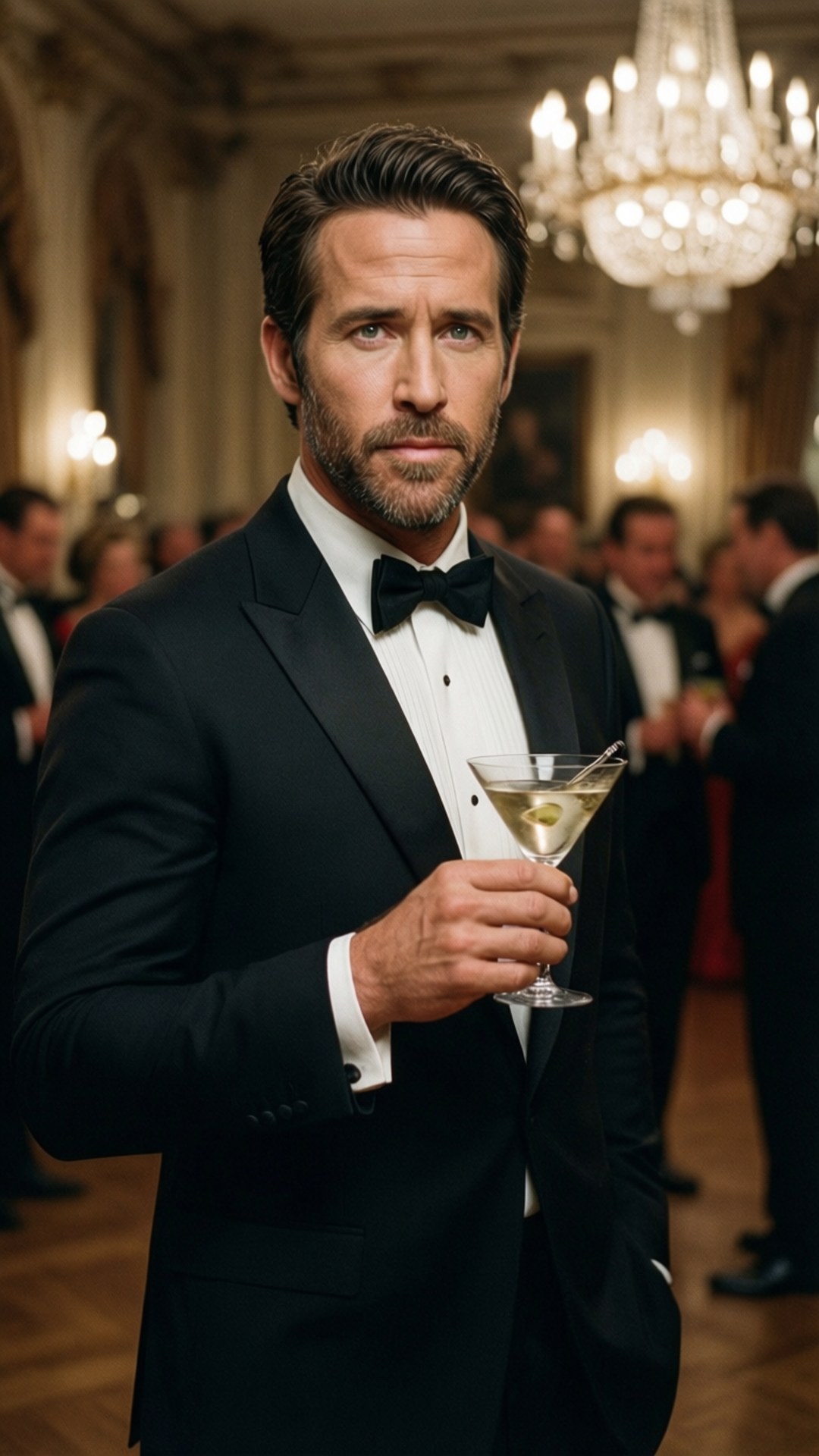 Ryan Reynolds i smoking med en martini, James Bond inspireret