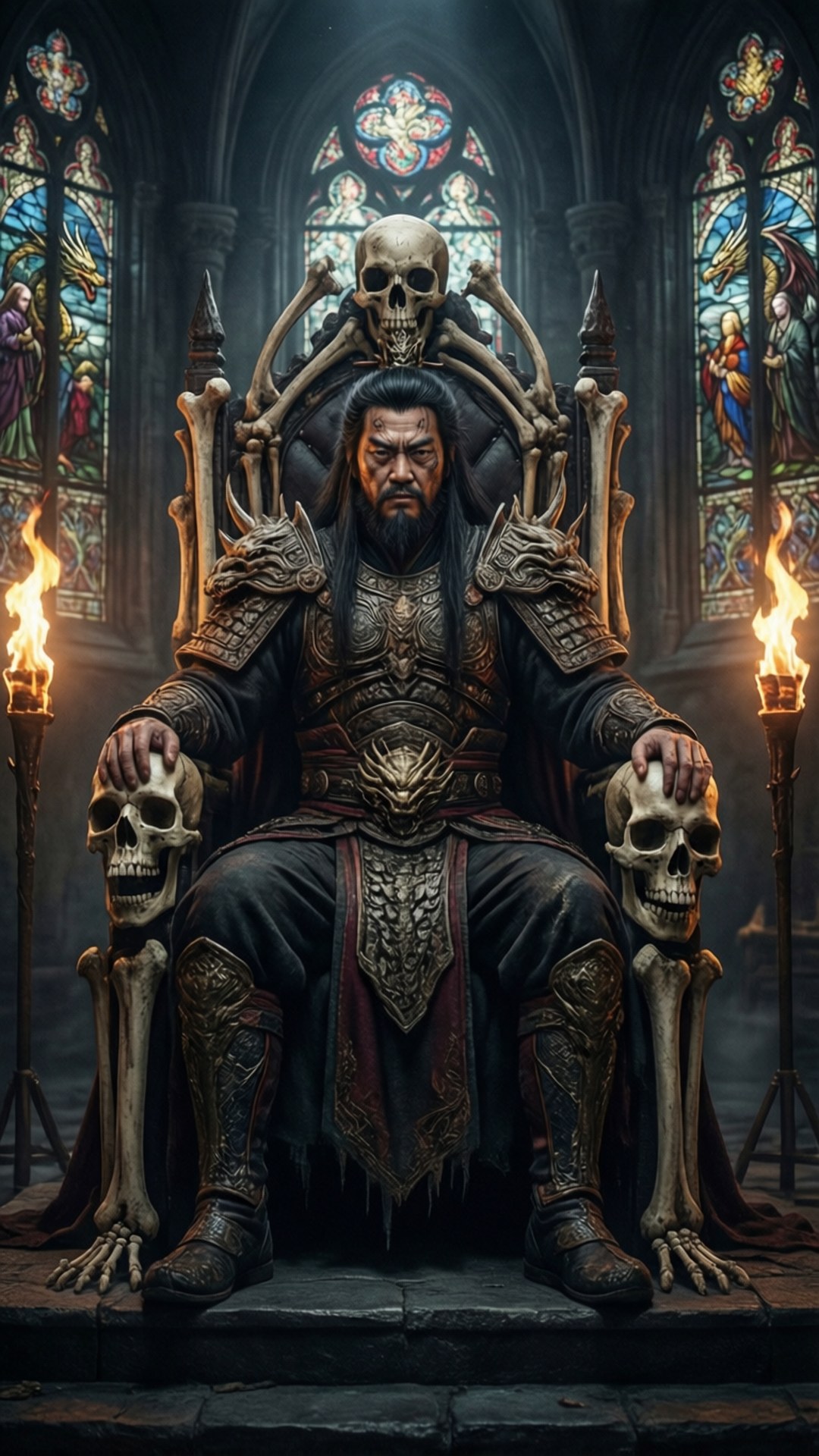 Shao Kahn på en bentron i en mörk katedral med glasmålningar.
