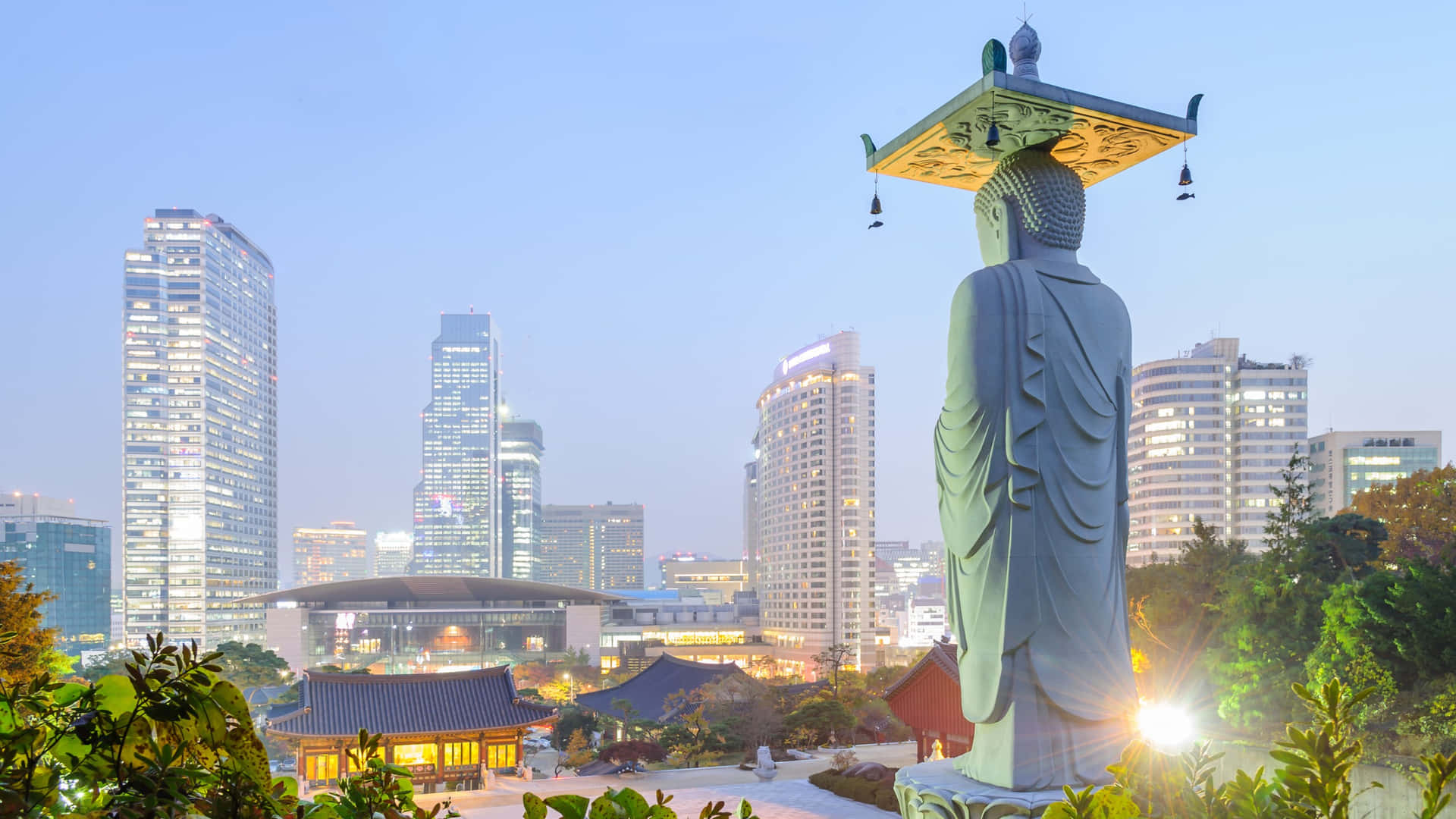 Bongeunsa Temple Buddha Statue Overlooking Seoul Skyline Wallpaper