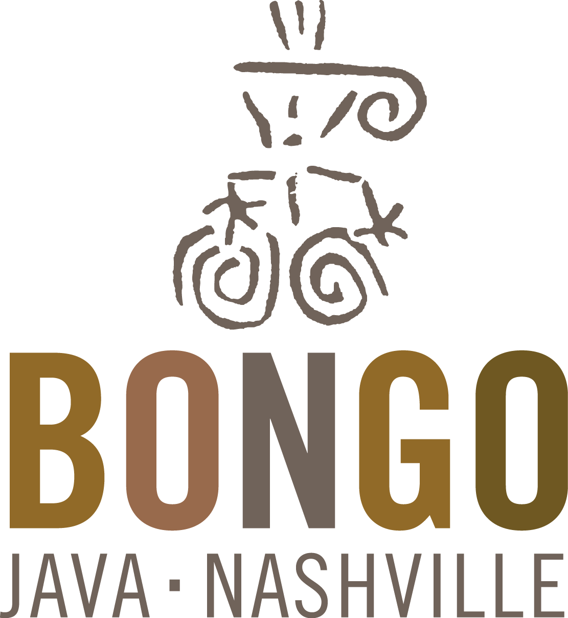 Bongo Java Nashville Logo PNG — A stylized logo for Bongo Java Nashville featuring abstract swirls above bold gradient text on white background.
