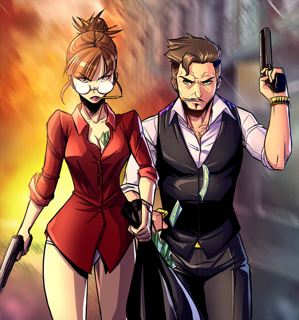 A Cartoon Of A Man And Woman Holding Guns