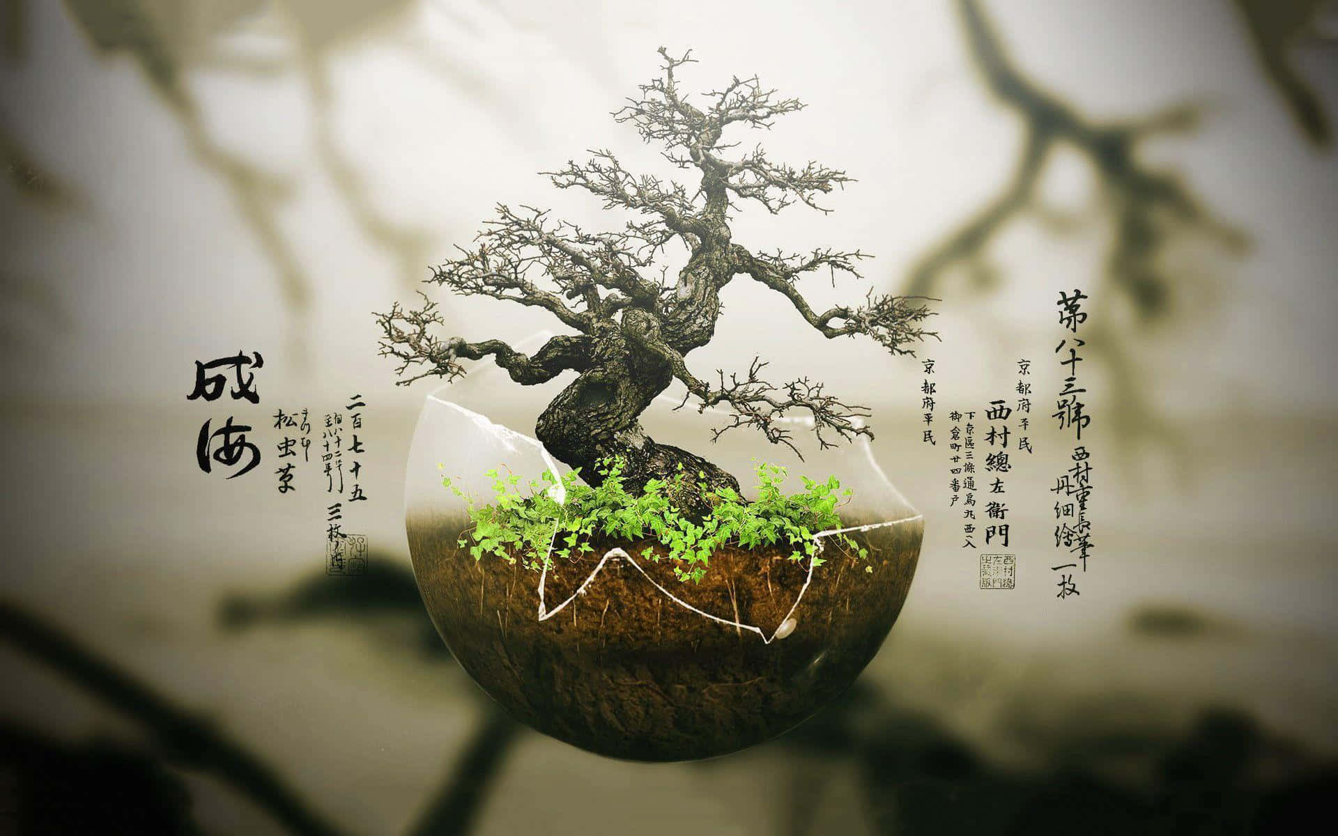 Enbonsai-träd I En Skål Med Kinesisk Skrift