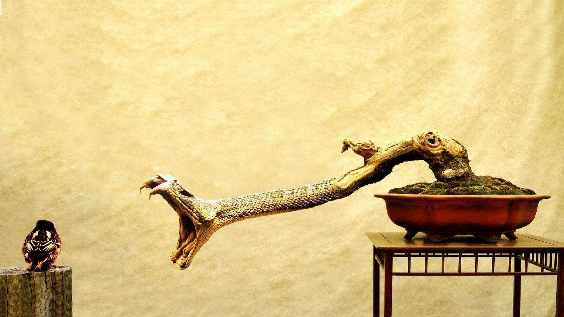 Bonsai Tree Slanting Style Snake Art Painting Wallpaper