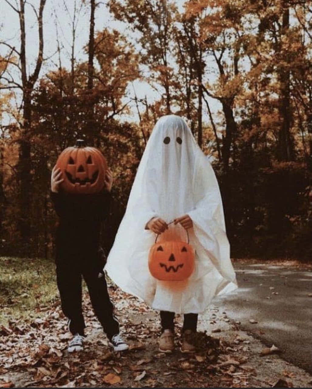 Boo Ghost And Jack O Lantern Costumes Aesthetic Autumn Halloween Wallpaper