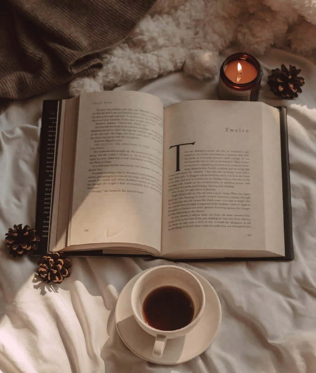 Enbog, En Lys Og En Kop Kaffe På En Seng