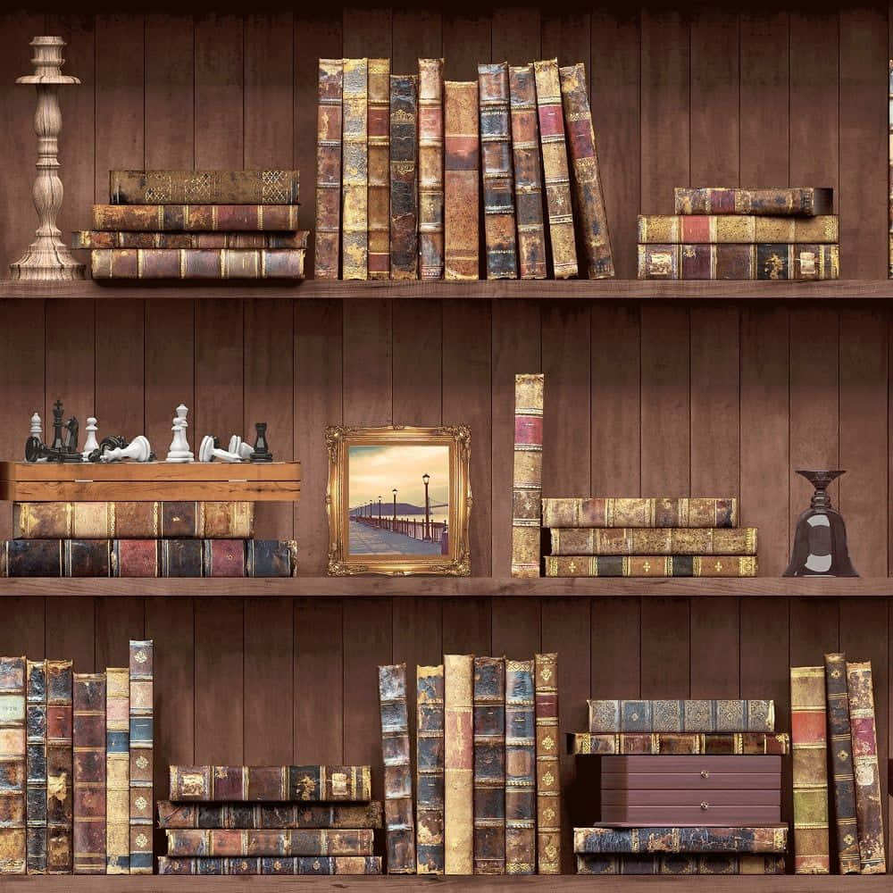 A Wooden Shelf With Books And A Chess Set