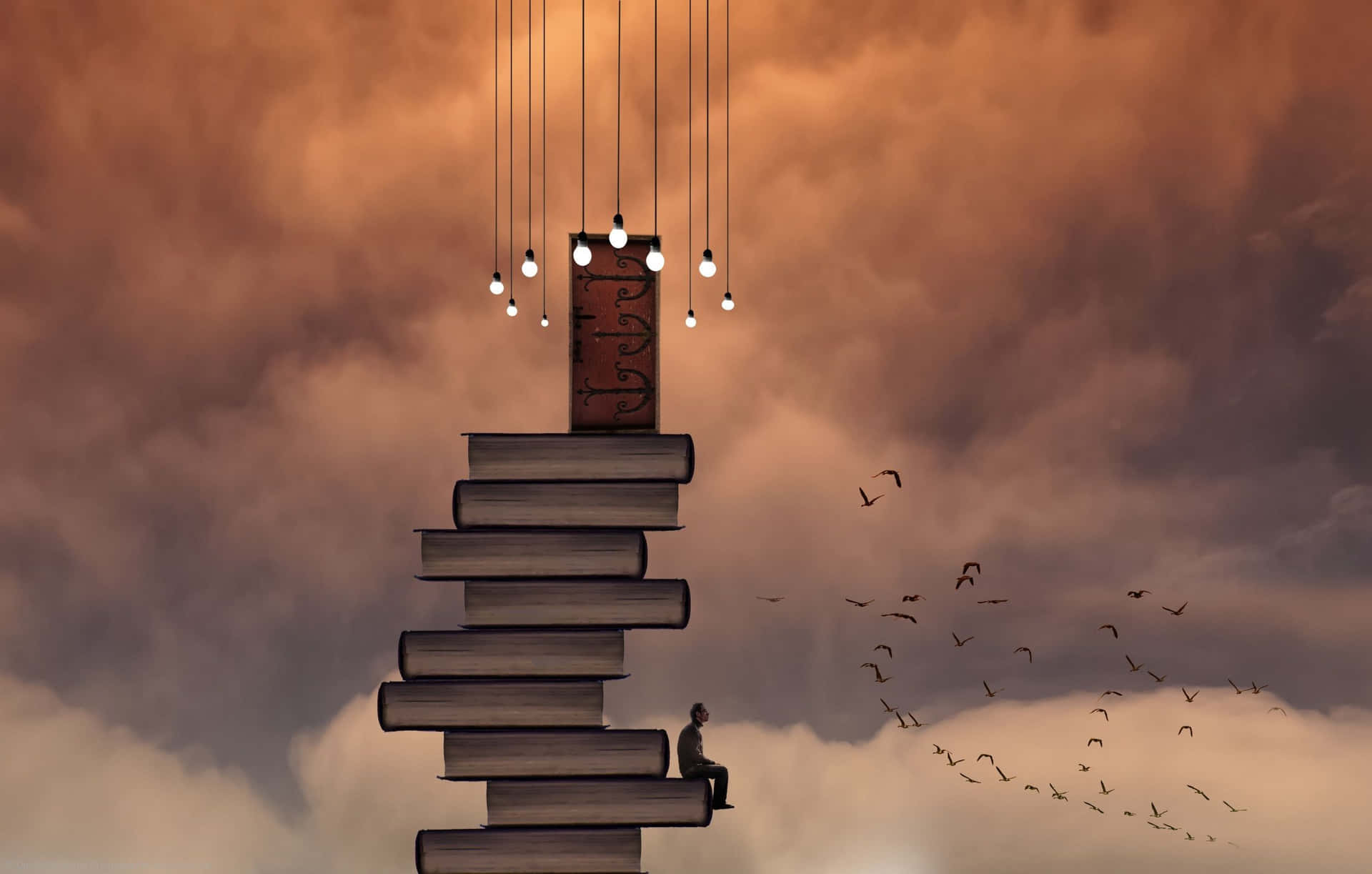 A Man Is Standing On A Stack Of Books